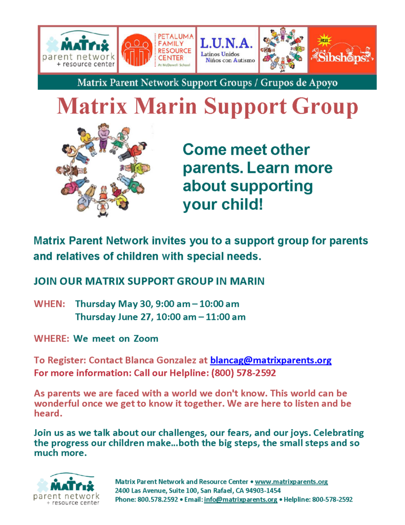 Matrix Parent Network invites you to Matrix Marin Support Group, a support group (in English) for parents and relatives of children with special needs.