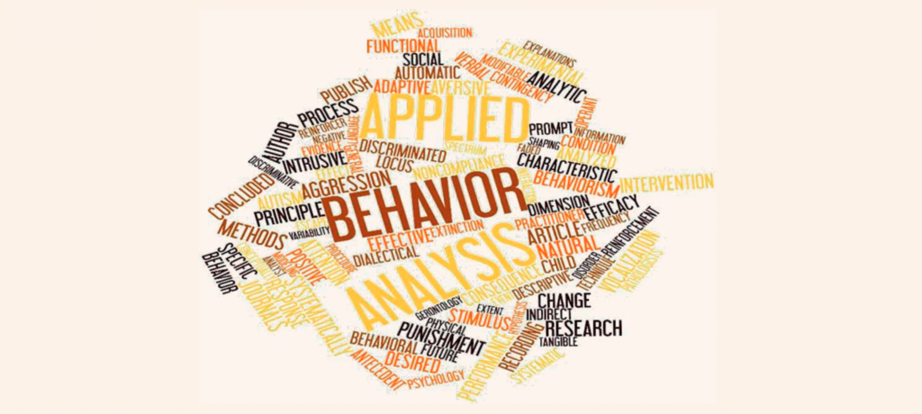 Behavior Word Cloud image with different sizes of behavior related words in gold, orange, and black colors