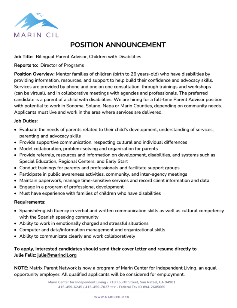 POSITION ANNOUNCEMENT letter for Job Title: Bilingual Parent Advisor, Children with Disabilities